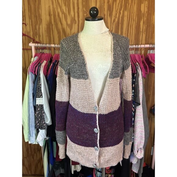 FREE PEOPLE Lake Tahoe Color Block Cardigan Sweater Button Down Size M Boho - Picture 2 of 9